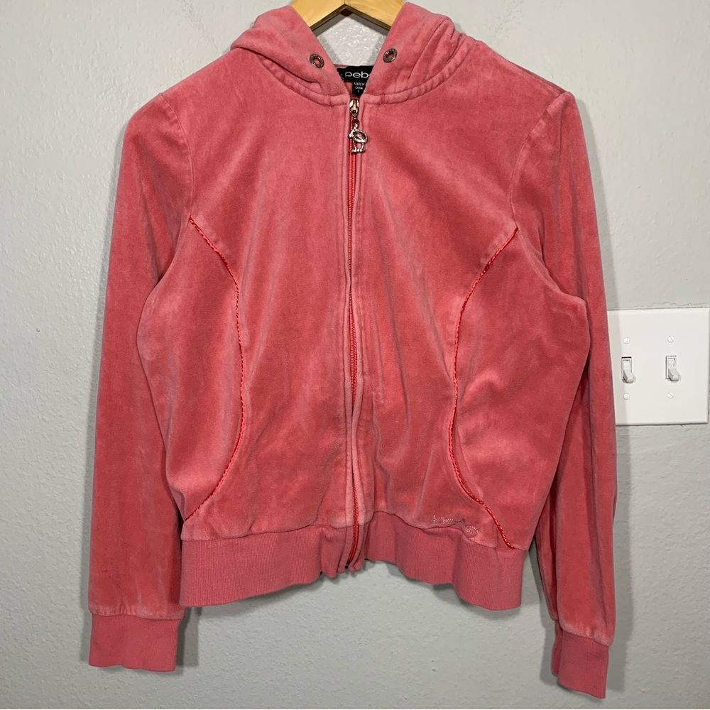 BeBe Pink Velour Rhinestone‎ Full Zip Hoodie Womens Size Large Y2K